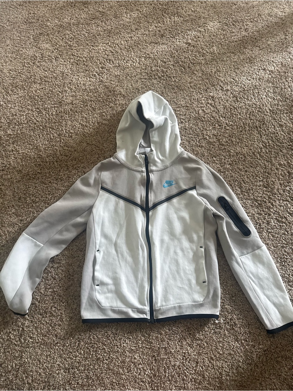 Nike Tech Light Gray Hooded Zip Jacket with Teal Swoosh size YL